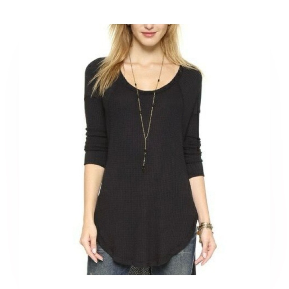 free people ventura high low Thermal waffle Top Black